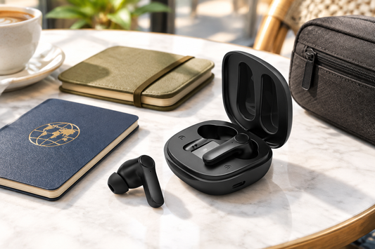 Wireless translation earbuds styled for travel gifting